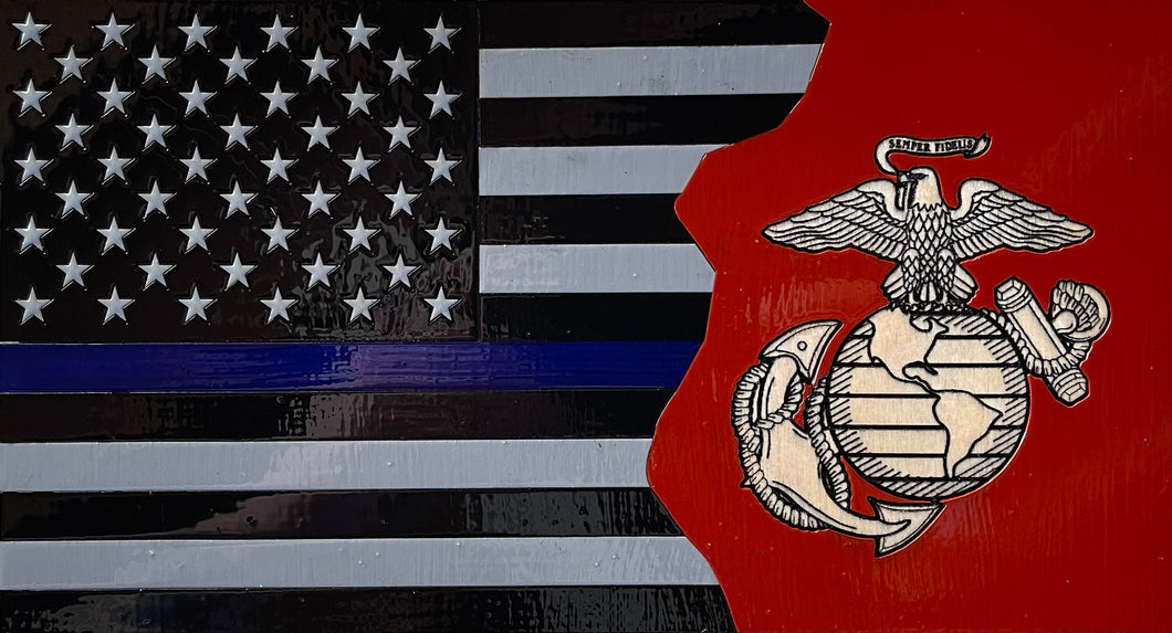 Mini Blue Line / USMC 10.75” wooden flag