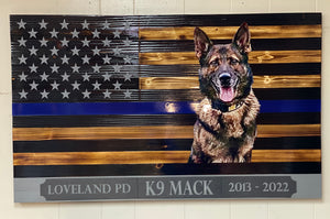 Custom Tribute Blue Line with attached name banner 36” wooden flag